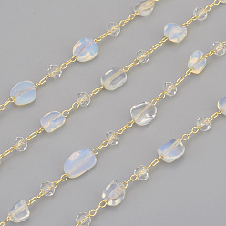 Opalite Handmade Opalite Beaded Chains, with Rondelle Glass Beads and Brass Cable Chains, Long-Lasting Plated, Unwelded, with Spool, Nuggets, Golden, Link: 2.5x1x0.3mm, Gemstone Beads: 6~12x6~6.5x4~4.5mm, Glass Beads: 4x3mm, about 32.8 Feet(10m)/roll