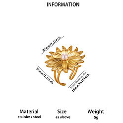 Flower 304 Stainless Steel Imitation Pearl Cuff Open Rings for Women, Golden, Flower, 18mm