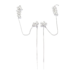 Stainless Steel Color Flower Ear Cuff Wrap Climber Earrings, Crawler Earrings Dangling Chain, with Silver Pins, Stainless Steel Color, 175mm, Pin: 0.6mm