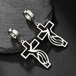 Серебро 201 из нержавеющей стали клипсы, полый крест с узором, серебряные, 55x25 мм