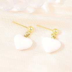 Белый Женские латунные серьги-гвоздики, болтаются серьги, сердце, реальный 18 k позолоченный, белые, 20.5x12 мм
