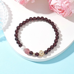 Гранат Круглые натуральные бусины из граната сорта АААА из клубничного кварца, растягивающиеся браслеты, латунные микропаве кубические циркониевые бусины-цветы и бусины из ракушечного жемчуга для женщин, с гальваническим покрытием из немагнитного синтетического гематита, внутренний диаметр: 2 дюйм (5 см)