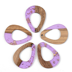 Lilac Transparent Resin & Walnut Wood Pendants, with Gold Foil, Teardrop, Lilac, 37.5x38x3mm, Hole: 2mm