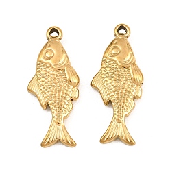 Chapado en Oro Real 18K 304 colgantes de acero inoxidable, encantos de pescado, revestimiento de iones (ip), real 18 k chapado en oro, 28x12x4 mm, agujero: 1.4 mm