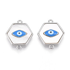 Платина Латунные подвески-шармы с шестигранным соединителем в виде натуральной ракушки, доджер синяя эмаль злые глазные ссылки, платина, 14.5x17x3 мм, отверстие : 1.2 мм