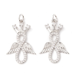 Платина Латунные микропаве прозрачные подвески с фианитом, с прыжковых колец, без кадмия и без свинца, долговечный, бесконечность с короной и крылом, платина, 27x17.5x3 мм, отверстие : 3 мм