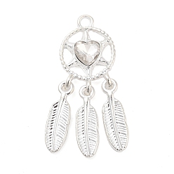 Серебро Подвески из сплава со стразами, без свинца, без кадмии и без никеля, тканая сеть / паутина с пером, сердце, кристалл, серебряные, 34x13x4 мм, отверстие : 2 мм