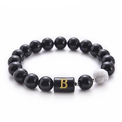 Letter B Bracelets extensibles en perles d'onyx noir naturel (teint et chauffé) et d'howlite (mm), bracelets alphabet, lettre b, 10 pouces (6.60 cm) ~16.76 pouces (8.50 cm)