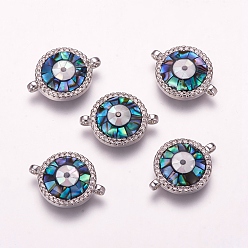 Platinum Brass Micro Pave Cubic Zirconia Links, with Freshwater Shell, Flat Round, Platinum, 13x17.5x3.5mm, Hole: 1mm