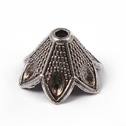 Античное Серебро Тибетский стиль цветка сплава шарик крышки, 6-лепесток, без свинца и без кадмия, античное серебро, 11.5x19.5 мм, отверстие : 2.5 мм