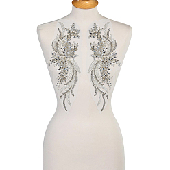 Белый 1 пара полиэстеровых компьютеризированных вышитых тканей, термоприклеиваемых/пришиваемых заплаток, цветок, горный хрусталь и стеклянные бусы, белые, 357x127x7.5 мм