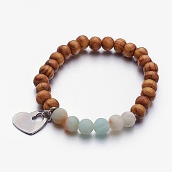Amazonite Amazonite stretch Armbändern, mit Holzperlen und 304 Edelstahl-Herzanhänger, 2-1/4 Zoll (56 mm)