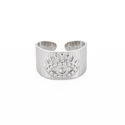 Stainless Steel Color Tarnish Resistant 304 Stainless Steel Open Cuff Rings Rhinestone Settings, Evil Eye, Stainless Steel Color, US Size 9 1/4(19.1mm)