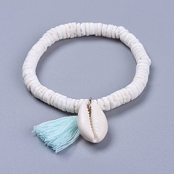 Светло-Синий Хлопковые нитки кисточки браслеты шарма, с ракушками и ракушками каури, с мешковинами для мешков с мешковиной, голубой, 2 дюйм (5~5.1 см)