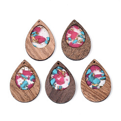 Серо-розавый Кулон из дерева и смолы, золотой фольгой, слезинки, увядшая роза, 38x25.5x3 мм, отверстие : 2 мм