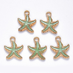 Pale Green Alloy Enamel Pendants, Starfish, Light Gold, Pale Green, 18x15x3mm, Hole: 2.5mm