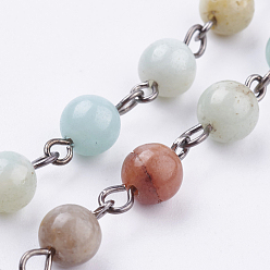 Черный Цвет Металла Натуральные амазонитовые ручные бисерные цепочки, несварные, для ожерелья браслеты решений, с латунной фурнитурой , металлический черный , 39.37 дюйм, 1 м / прядь