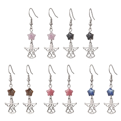 Нержавеющая Сталь Цвет Ангел со звездой 304 серьги-подвески из нержавеющей стали, с натуральным лепидолитом, натуральным ларвикитом, натуральным лазуритом, натуральным родонитом и натуральным тигровым глазом, цвет нержавеющей стали, 47x14.5 мм