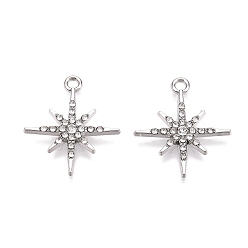 Платина Стойки подвески обшивки сплава, со стразами, звезда, платина, 20.5x18x2 мм, отверстие : 1.6 мм
