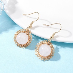 Розовый Кварц Серьги-подвески с цветком из натурального розового кварца, с  латунными крючками для серег, золотые, 33x17.5 мм