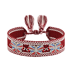 Коричневый Регулируемые браслеты-слайдеры в форме бабочки из полиэстера, сплава, смолы, эмали и стразов., браслеты макраме для женщин, с кистями, коричневые, 5.91~9.45 дюйм (15~24 см)