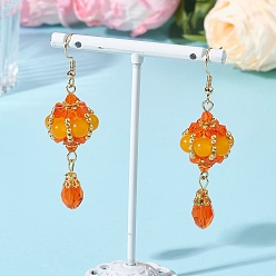 Желтый Нефрит Серьги-подвески из натурального желтого нефрита, со стеклянными бусинами, фонарь, золотые, 64~65x18~19 мм