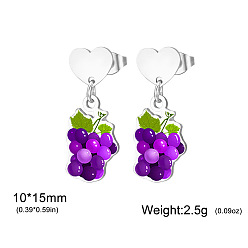 Grape 304 Stainless Steel Stud Dangle Earrings, Fruits, Stainless Steel Color, Grape, 15x10mm