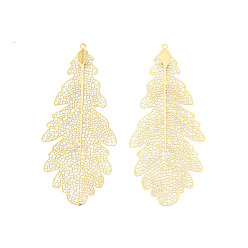Real 18K Gold Plated 304 Stainless Steel Big Pendants, Etched Metal Embellishments, Leaf, Real 18K Gold Plated, 67x28.5x0.3mm, Hole: 1.2mm