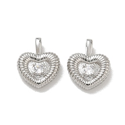 Platine Pendentifs en laiton zircon cubique transparent, breloques en forme de cœur côtelé, crémaillère plaquage, plaqué longue durée, sans cadmium et sans plomb, platine, 15.5x12.5x4mm, Trou: 1.7x3.3mm