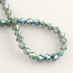 Medium Sea Green Electroplate Glass Bead Strands, Rainbow Plated, Faceted Bicone, Medium Sea Green, 4x4.5mm, Hole: 1mm, about 92~96pcs/strand, 13.78~14.37 inch