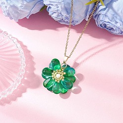 Зеленый Стекло ожерелья шкентеля, с бусинами из ракушек и 304 цепочкой из нержавеющей стали, ожерелье для женщин, цветок, зелёные, 17.68 дюйм (44.9 см)