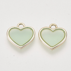 Dark Sea Green Epoxy Resin Pendants, with Light Gold Alloy Open Back Settings, Heart, Dark Sea Green, 16.5x16x2mm, Hole: 2mm