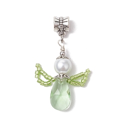 Темный Морско-зеленый Стеклянные подвески, ангельские прелести, со стеклянной жемчужной бусиной и 304 шовными бусинами из нержавеющей стали и трубчатыми дужками из сплава в тибетском стиле, граненые, темно-зеленый, 32~33x22~23x8 мм, отверстие : 5 мм