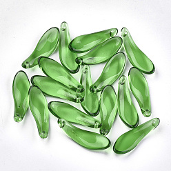 Green Spray Painted Glass Pendants, Leaf, Green, 26x8.5x3.5mm, Hole: 0.5mm