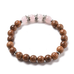 Rose Quartz Stretch Bracelets, with Round Natural Rose Quartz Beads, Natural Wood Beads, Alloy Bead Caps and 304 Stainless Steel Spacer Beads, Inner Diameter: 2-1/8 inch(5.5cm)