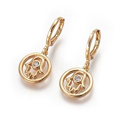 Golden Messing baumeln Creolen, mit Mikro ebnen Zirkonia, langlebig überzogen, Cadmiumfrei und Nickel frei und Bleifrei, flache Runde mit Hamsa Hand / Hand von Fatima / Hand von Miriam, golden, 27 mm, 14x12x2 mm, Pin: 1 mm