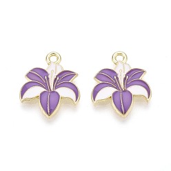 Средний Фиолетовый Подвески из сплава и эмали, цветок, золотой свет, средне фиолетовый, 19x16x1.5~2 мм, отверстие : 1.8 мм