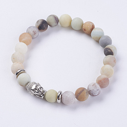 Амазонит Натуральные цветы амазонитовые бусины эластичные браслеты, Сплав с поиска, матовые, голова Будды, античное серебро, 2-1/8 дюйм (55 мм)