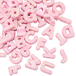 Pink 50Pcs Printed Opaque Acrylic European Beads, Large Hole Beads, Letter with Tartan Pattern, Pink, 20~21x6~20x13~13.5mm, Hole: 5.8mm, 50pcs.
