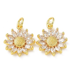 Настоящее золото 18K Подвески из латуни с покрытием из прозрачного кубического циркония, долговечный, без кадмия и без свинца, с прыжковых колец, цветок, реальный 18 k позолоченный, 20x17x4 мм, отверстие : 4 мм