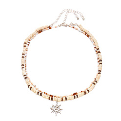 Платина Сплав подвеска солнце натуральный кокос и стеклянные бусины двухслойные ожерелья, платина, 18.11 дюйм (46 см), 2 шт / комплект