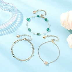 Натуральный Агат 304 Цепочка из звеньев в форме сердца из нержавеющей стали и окрашенных натуральных зеленых агатов 3 Многослойные ожерелья, золотые, 7 дюйм (17.7 см) ~ 7-1/8 дюйм (18 см), 3 шт / комплект