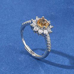 Platinum Brass Micro Pave Cubic Zirconia Cuff Open Rings, Flower, with Natural Yellow Quartz, Platinum, US Size 8(18.1mm)