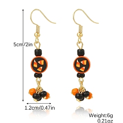 Orange Halloween Theme Alloy and Seed Bead Dangle Earrings for Women, Flat Round, Orange, 50x12mm