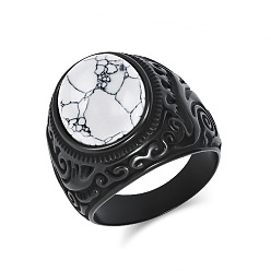 Говлит 304 Кольца для мужчин из нержавеющей стали с натуральным говлитом, овальные, чёрные, размер США 12 (21.4 мм)