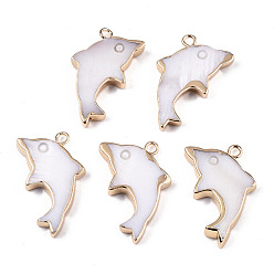 Rosy Brown Natural Freshwater Shell Pendants, with Iron Loops, Brass Edge Golden Plated, Dolphin, Rosy Brown, 25x14x3mm, Hole: 1.8mm