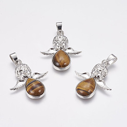 Tiger Eye Natural Tiger Eye Pendants, Angel, with Brass Finding, Platinum, 35x29.5x6mm, Hole: 4x7mm