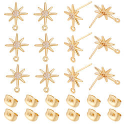 Настоящее золото 18K 12шт. латунные серьги-гвоздики с микропаве из кубического циркония, звезда, без никеля , долговечный, 12 шт. 304 гайки ушные из нержавеющей стали, реальный 18 k позолоченный, 16x13.5 мм, отверстие : 1.2 мм, штифты : 0.8 мм