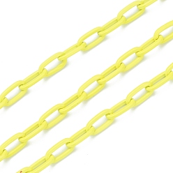 Green Yellow Eco-friendly Spray Painted Handmade Brass Paperclip Chains, Flat Oval, Soldered, with Spool, Green Yellow, 12.5x6.5x1.5mm, 32.8 feet(10m)/roll