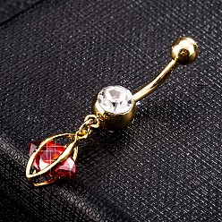 Rot Umweltfreundlicher Nabelring aus Zirkonoxid aus Messing, Bauchringe, mit 304 Edelstahlleiste, echt 18 k vergoldet, Pferd Auge, rot, 38x12 mm, Stangenlänge: 3/8"(10mm), Stange: 14 Spurweite(1.6mm)